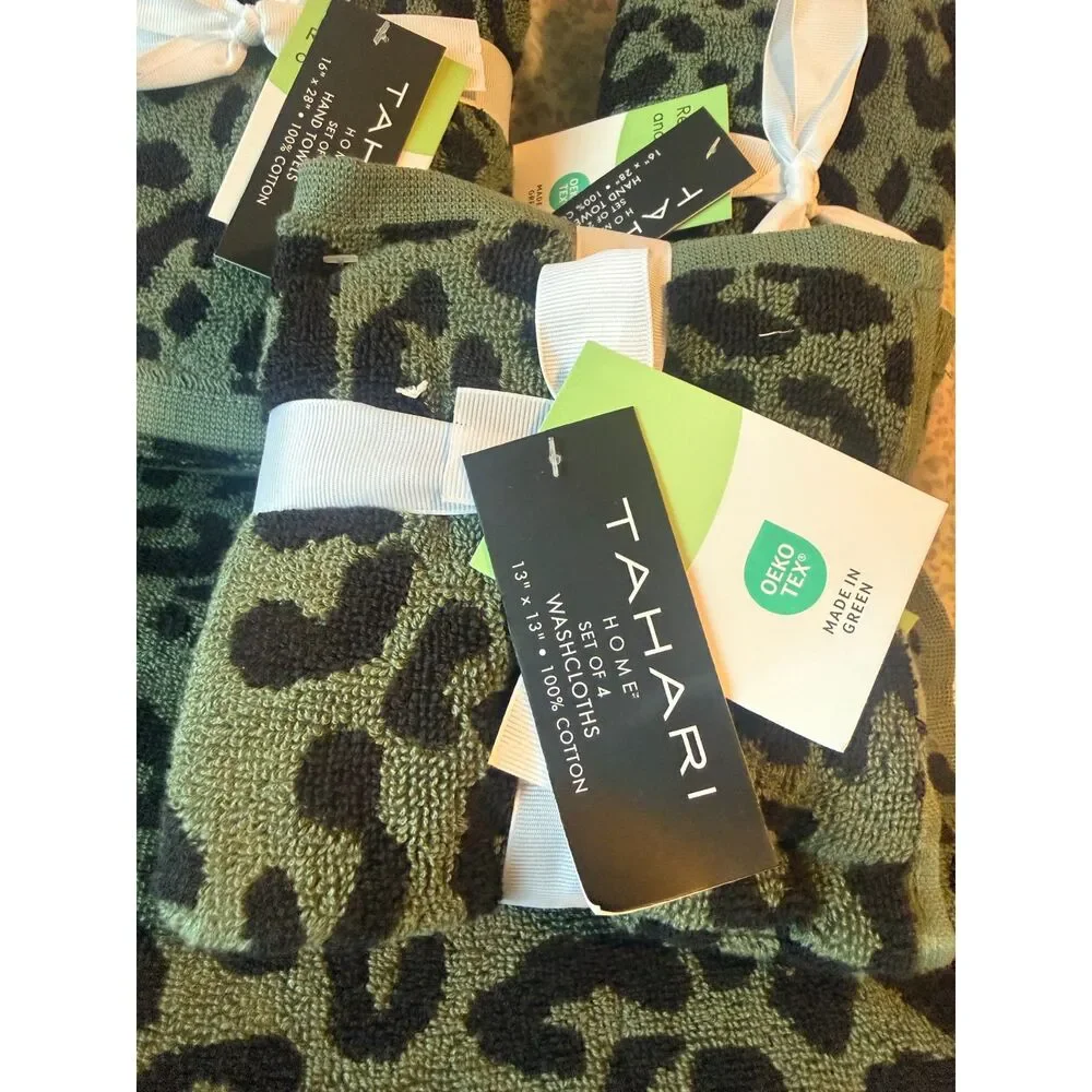 Tahari Home 10-Piece Leopard Print Towel Set reversable Green 100% Cotton New